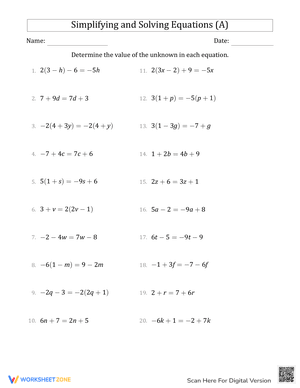 Simplifying and Solving Equations (A)