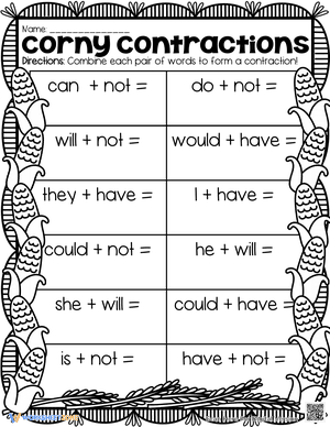 Thanksgiving Corny Contractions Worksheet