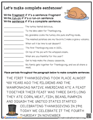 Thanksgiving worksheet - Writing complete sentences