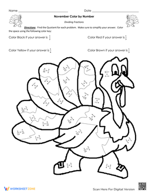 Thanksgiving Color By Number Dividing Fractions