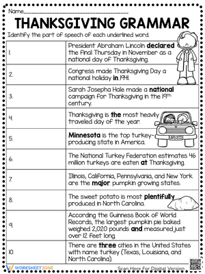Thanksgiving Grammar Parts of Speech Identification Worksheet