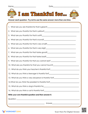 Thanksgiving Gratitude Worksheet - Answer the Questions