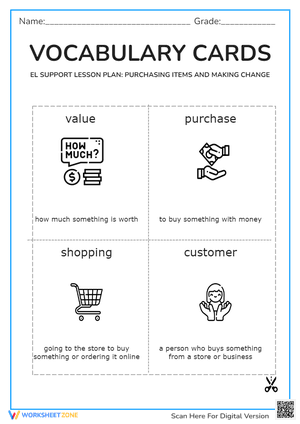 Vocabulary Cards: Purchasing Items and Making Change