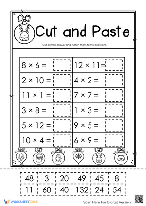 Cut and Paste Christmas multiplication worksheet