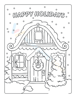 Happy Holidays Snowy Cottage Coloring