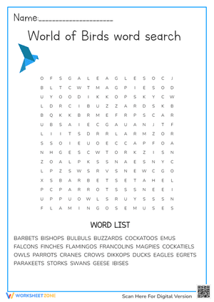 World of Birds word search