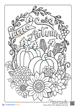 "Hello Autumn" Harvest Coloring Page