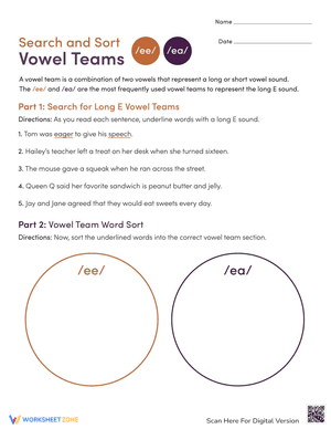 Long E Search and Sort: Vowel Teams /ee/ and /ea/