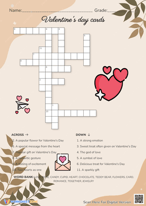 Valentine's Day Cards Cross Word Puzzle
