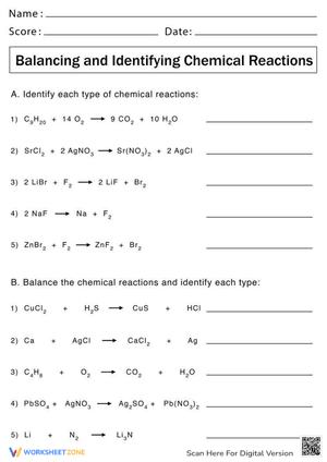 Types of Chemical Reactions Worksheet with Answers