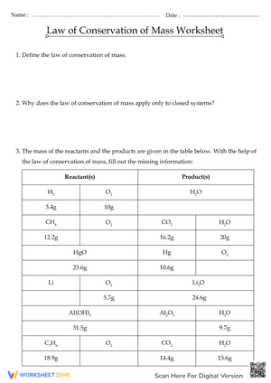 Law of Conservation of Mass Worksheet with Answer