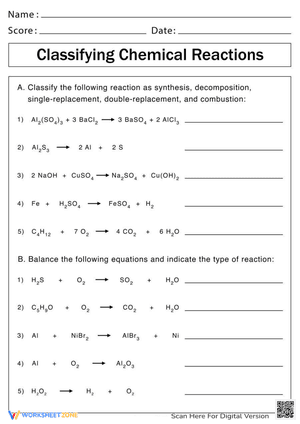 Classifying Chemical Reactions Worksheet