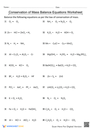 Law of Conservation of Mass Balancing Worksheet