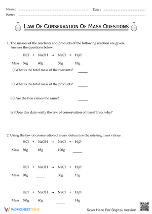 Law of Conservation of Mass Question Worksheet