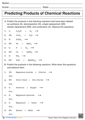 Predicting Products of Chemical Reactions Worksheet