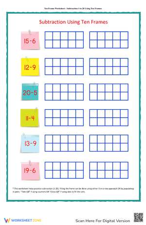Subtraction Using Ten Frames Worksheet