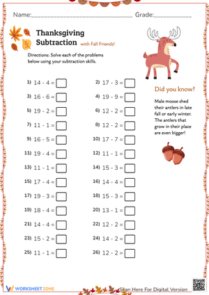 Thanksgiving Subtraction #1