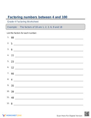 Factoring numbers between 4 and 100 sheet 3