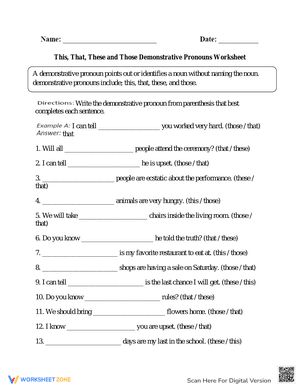 This,That,These,Those Demonstrative Pronouns Worksheet