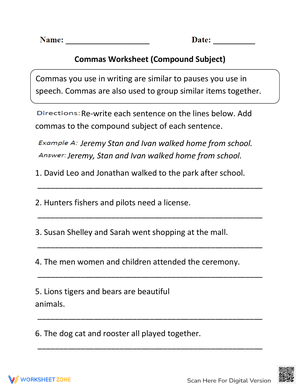 Compound Subject Commas Worksheet