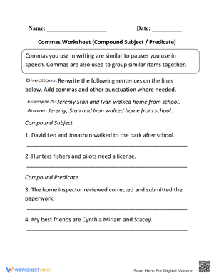 Compound Subject and Predicate Commas Worksheet