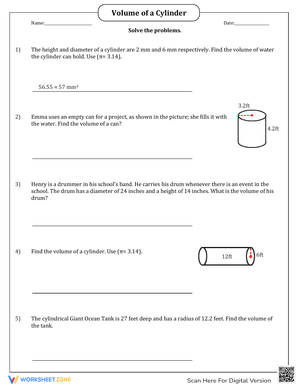 Find the Volume of a Cylinder Word Problems 5
