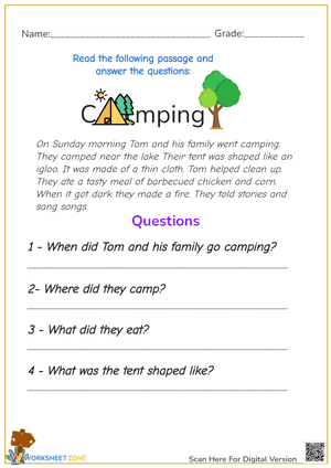 Reading Comprehension Camping Worksheets