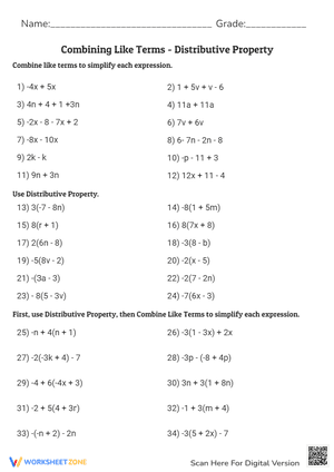 Combining Like Terms - Distributive Property Worksheets