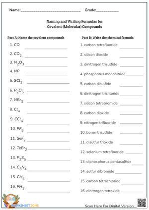 Naming And Writing Covalent Compounds And KEY Worksheets