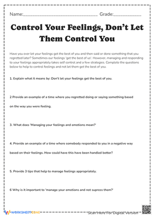 Control Your Feelings, Don’t Let Them Control You Worksheets