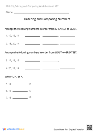 M-K-2-3_Ordering and Comparing Worksheet and KEY