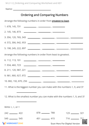 M-2-1-3_Ordering and Comparing Numbers Worksheet and KEY