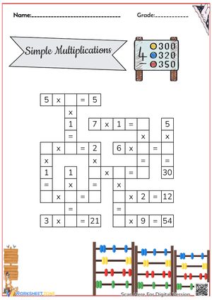 Simple Multiplications Crossword Worksheet