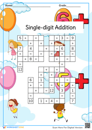 Single-digit Addition Crossword Worksheet