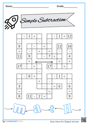 Simple Subtraction Crossword Worksheet
