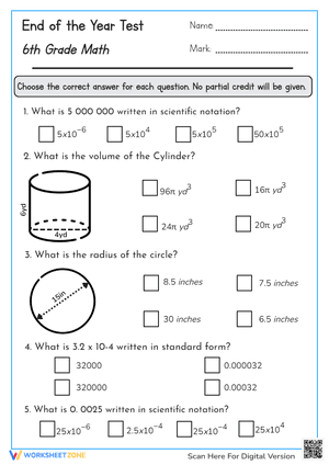 End of the Year Test 6th Grade Math