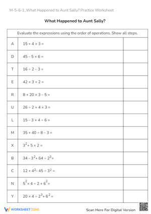 M-5-6-1_What Happened to Aunt Sally Practice Worksheet and KEY