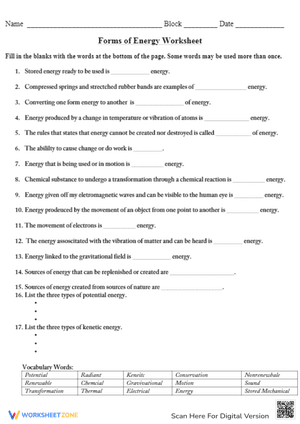 Forms of Energy Worksheet 1