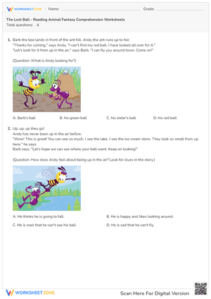 The Lost Ball - Reading Animal Fantasy Comprehension Worksheets 
