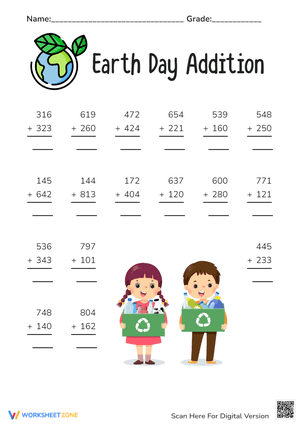 Earth Day Addition Practice with Three-Digit Numbers