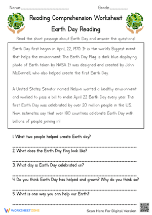 Reading Comprehension Worksheet Earth Day Reading