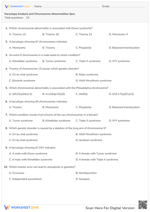 Karyotype Analysis and Chromosome Abnormalities Quiz