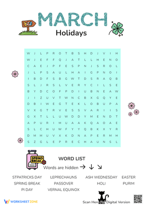 March Holidays Word Search Puzzle