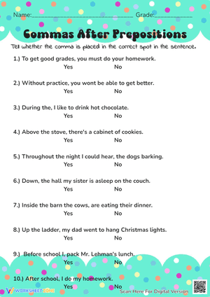 Commas After Prepositions Worksheets