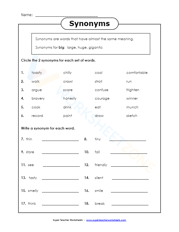 synonyms worksheet 5