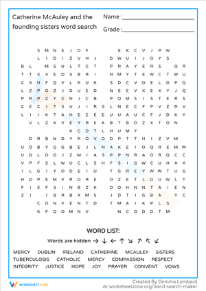 Catherine McAuley and the founding sisters word search