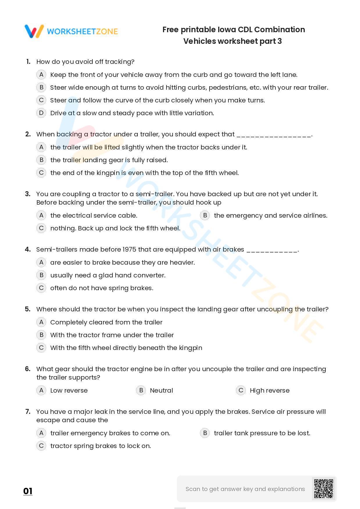 Free Printable Iowa CDL Combination Vehicles Practice Test Worksheet Zone