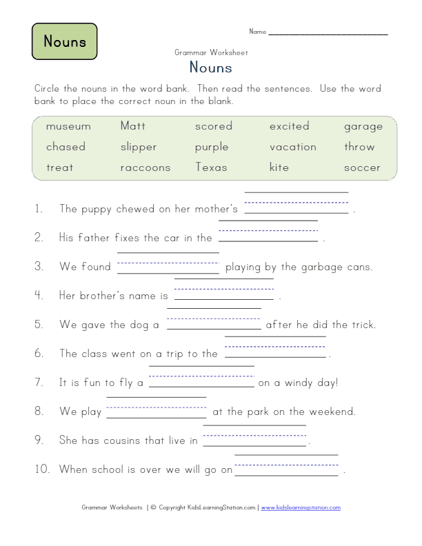 Nouns Fill In The Blank Worksheet