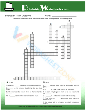 5th Grade Science Matter Crossword