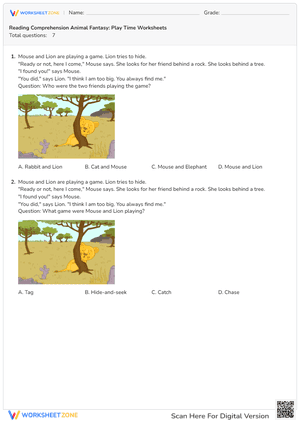 Reading Comprehension Animal Fantasy: Play Time Worksheets